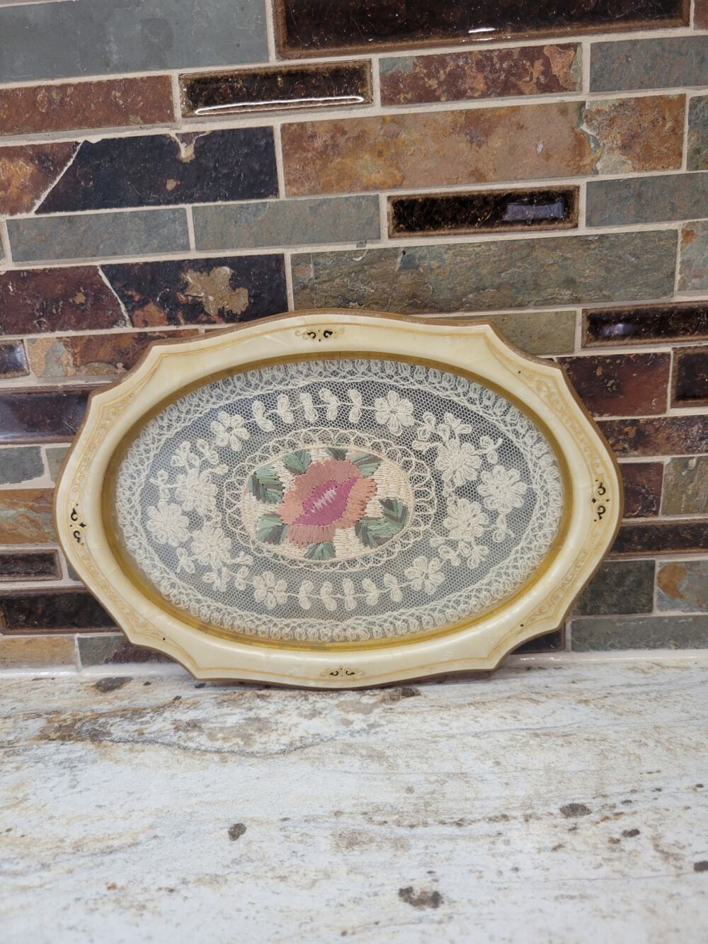 Art Deco Celluloid Perfume Tray Floral Needlepoint Vintage 1920s